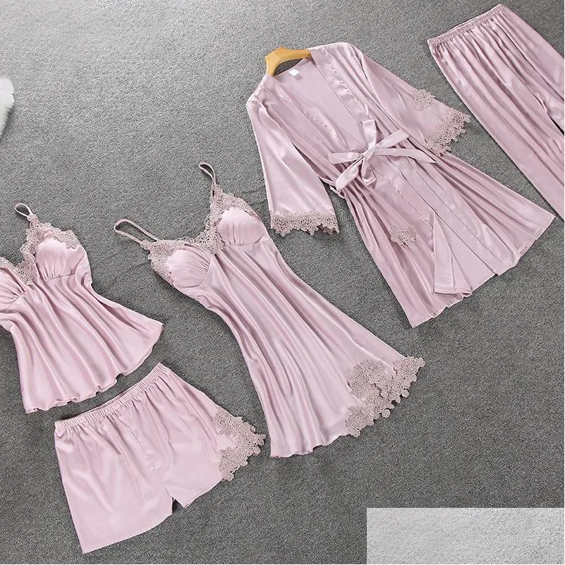 autumn satin pajamas set for women elegant 5pcs sleepwear female sexy lingerie lace top silk suits
