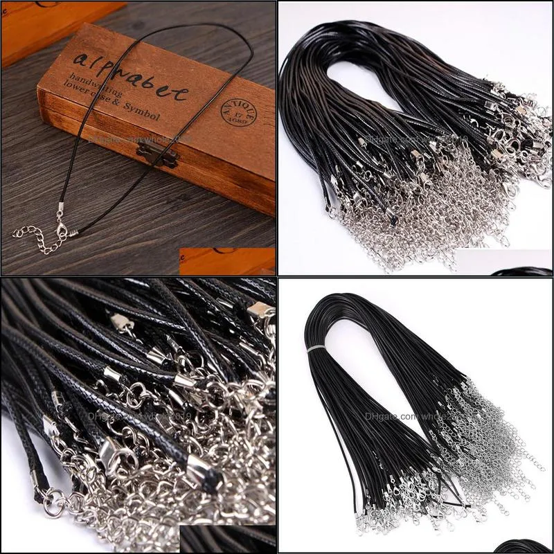 2mm black wax leather snake necklace beading cord string rope wire 45cm extender chain with lobster clasp diy jewelry components wholesale