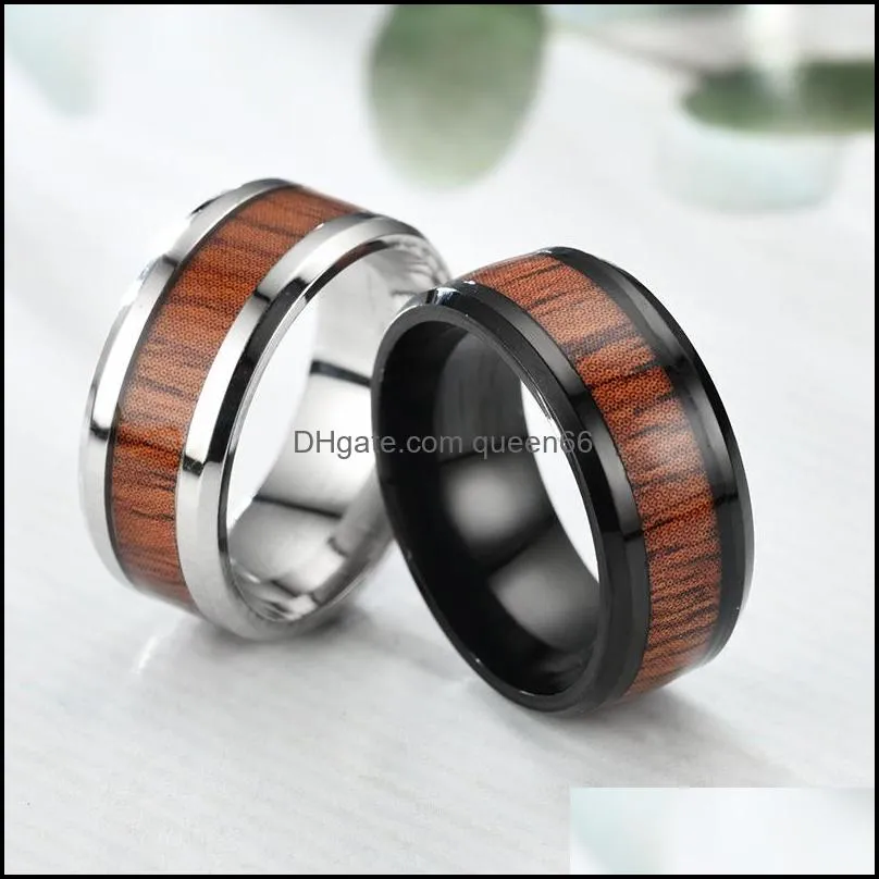 8mm tungsten finger rings durable vintage titanium stainless steel wood inlay ring jewelry for men women 316l stainless steel 111 m2