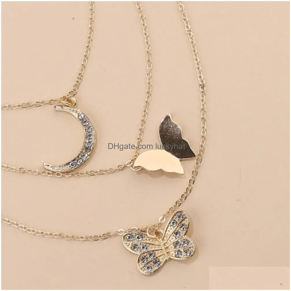 fashion jewelry multilayer chain necklace rhinstone moon butterfly pendant necklaces