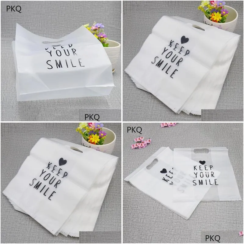 gift wrap 100pcs/lot translucent frosted plastic bag with handles keep your smile small packaging bags 24x30 cm wholesale 6/27