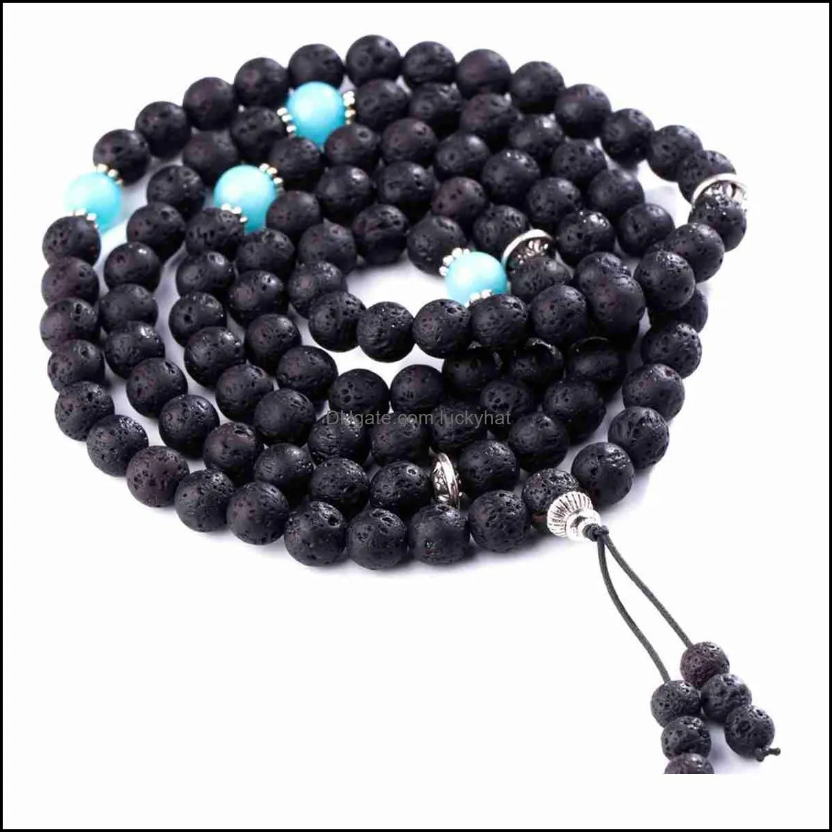 10pc/set natural stone beads elastic lava rock bracelet with round stainless steel charm bead handmade jewelry