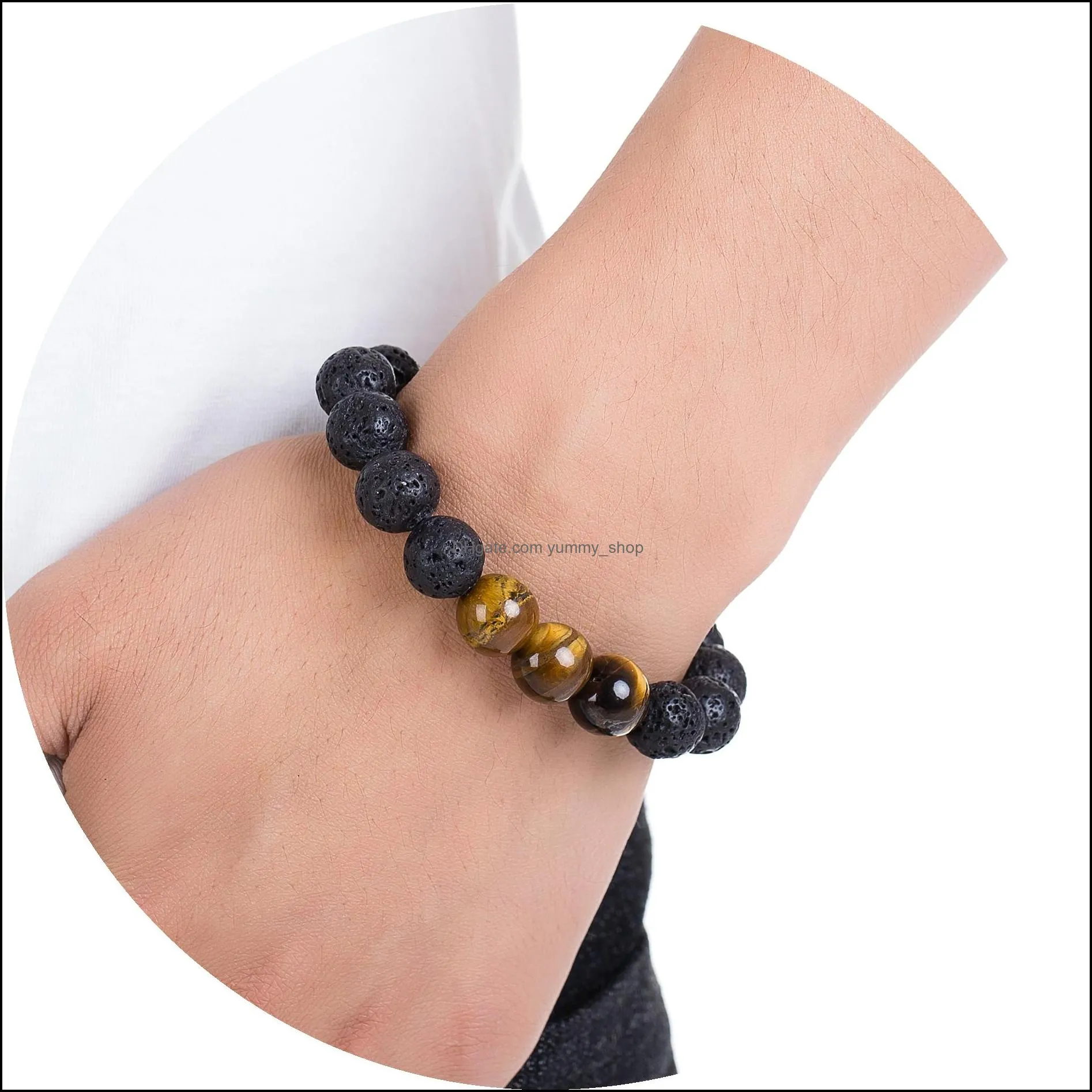 men women lava rock diffuser beaded strand bracelet with natural  oil 12mm beads and 3pcs gemstone crystal amethyst turquoise lapis