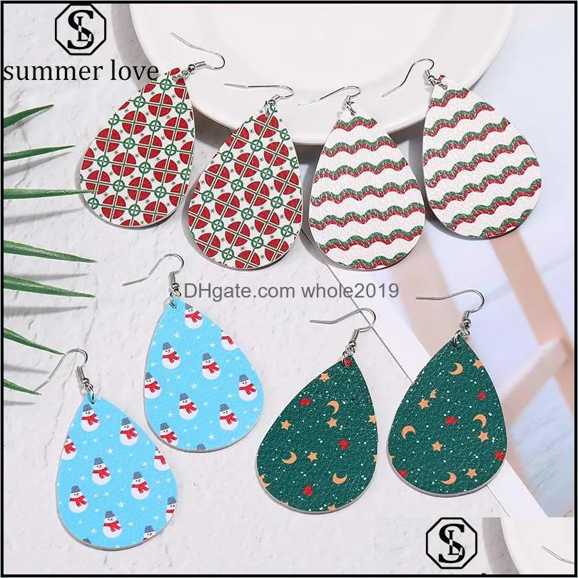 new christmas tree pu leather dangle earring for women girl fashion water drop double side snowflake gloves deer pattern design jewelry