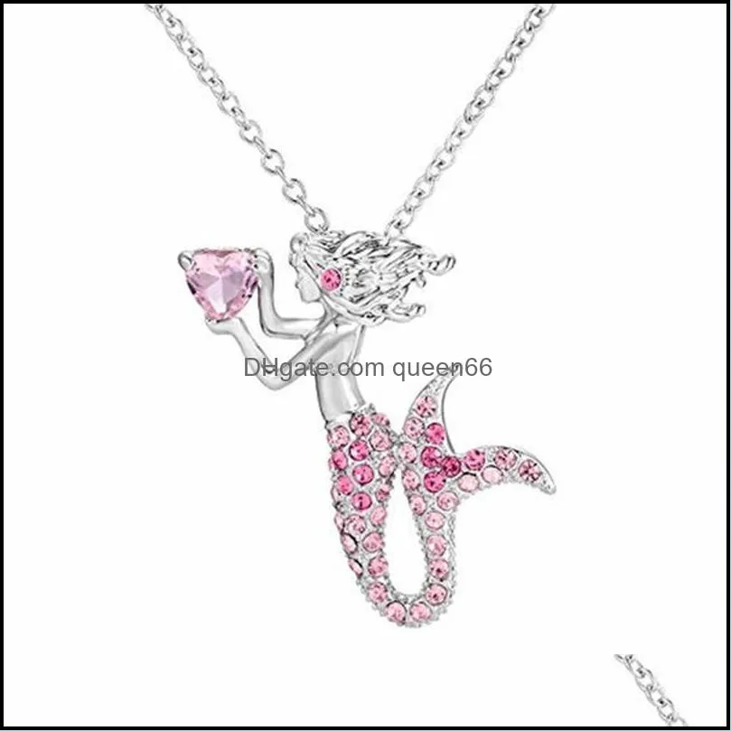 mermaid pendants necklace alloy silver plating clavicular chain charms women rhinestone necklaces fashion jewelry white blue 3 2hja l2