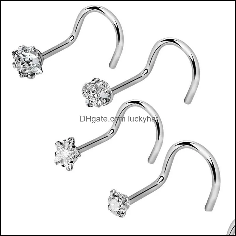 4pcs/lot 4 shapes rhinestone nose ring 20g surgical steel twisted nose studs screw ring body piercing crystal nostril jewelry 870 r2