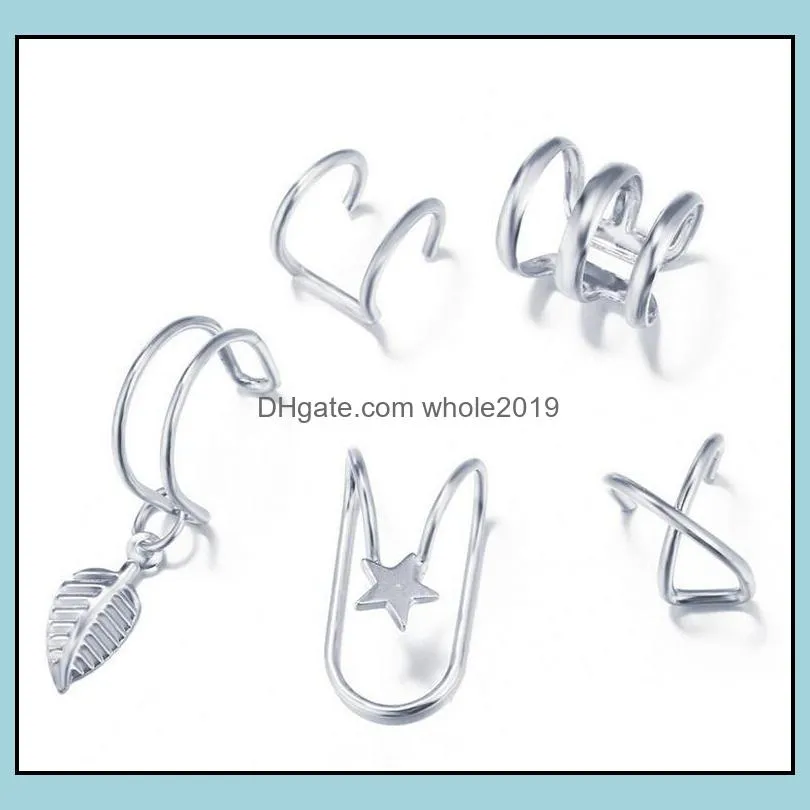 5pcs/lot star leaf clip on screw back earrings c shape silver gold leaves dangle hoop earring fashion women ear cuff