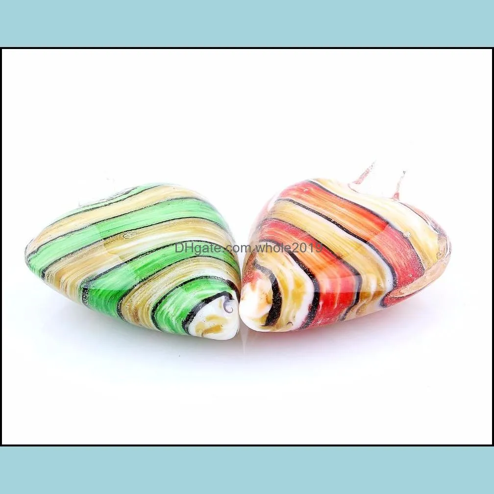 wholesale 6pcs handmade murano lampwork glass mix color stripe heart pendant fit necklace jewelry gifts