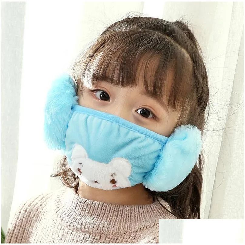 2 in 1 child cartoon bear face mask cover plush ear protective thick warm kids mouth masks winter mouthmuffle earflap masks