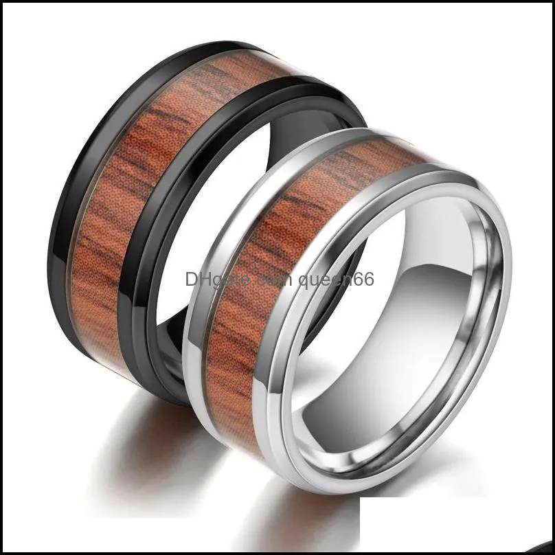 8mm tungsten finger rings durable vintage titanium stainless steel wood inlay ring jewelry for men women 316l stainless steel 111 m2