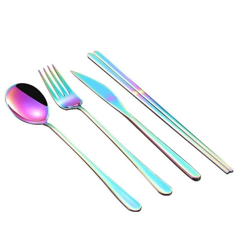 korean flatware sets stainless steel long handle knife fork spoon chopsticks set colorful flatware for wedding kitchen accessories