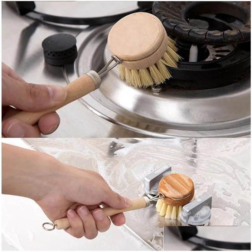 natural wooden long handle pan pot brush dish bowl washing cleaning brush household kitchen cleaning tools