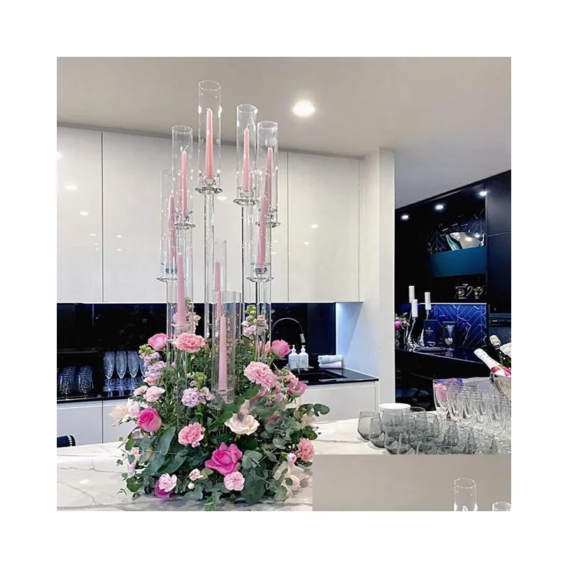 party decoration wholesale 10 arms long stemmed modern clear acrylic tube hurricane crystal candle holders wedding table centerpieces