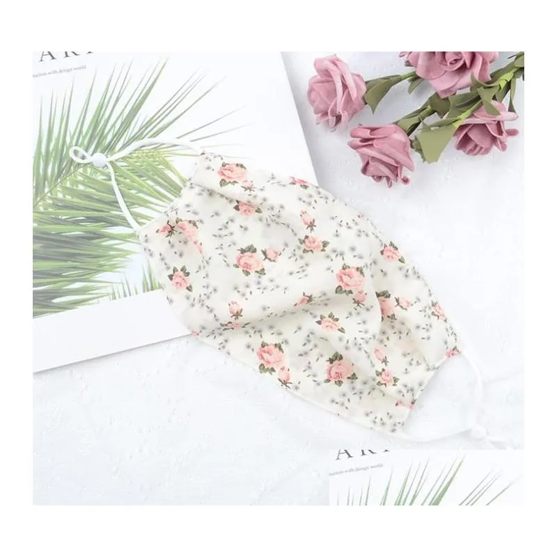 women designer mask flower chiffon mask thin double layer breathable sunscreen adjustable face mask 4 colors