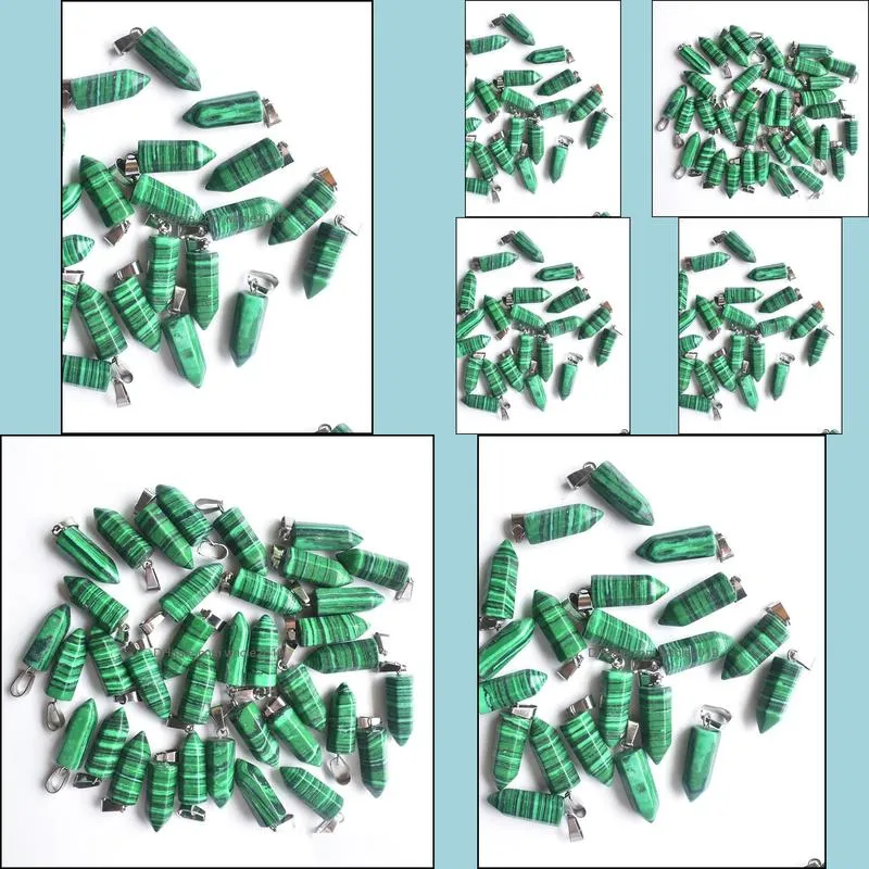 wholesale 50pcs/lot 2021 green malachite stone hexagonal pillar charms pendants fit necklace making