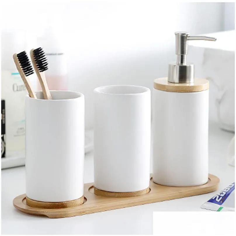 bath accessory set bathroom accessories ceramic soap dispenser mouthwash cup teeth brushing with bamboo tray dishwashing liquid
