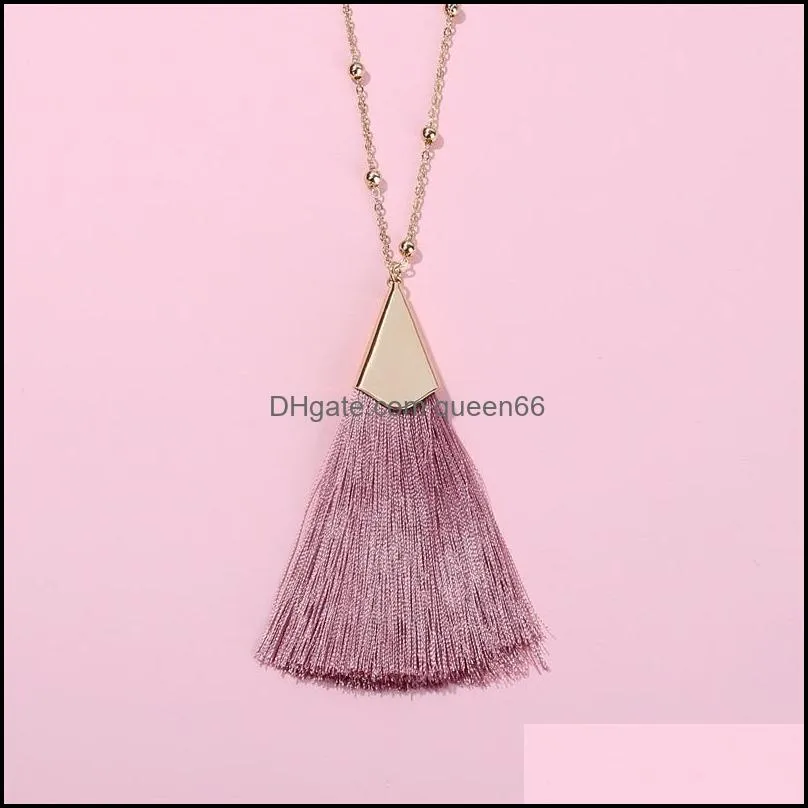 boho soft fan fringe tassel pendant long necklace gold polished metallic triange tassel pendant with beads stones long chain for women99