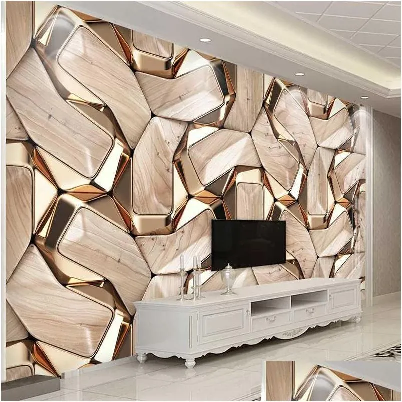 selfadhesive mural wallpaper modern 3d abstract geometry gold metal pattern p o wall paper living room ktv waterproof canvas