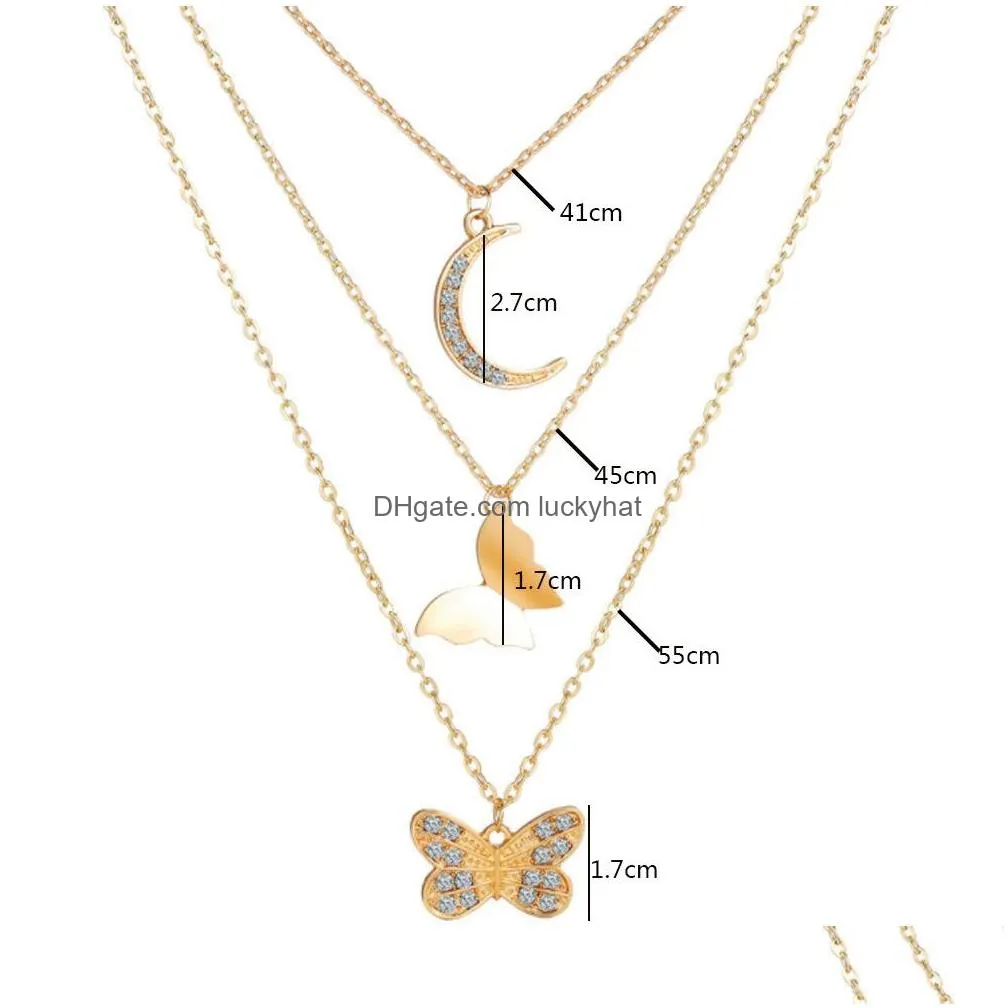 fashion jewelry multilayer chain necklace rhinstone moon butterfly pendant necklaces