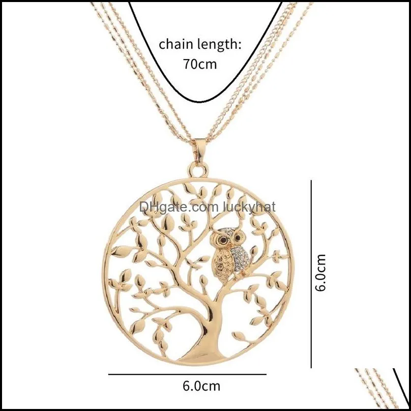 cute life of tree crystal owl pendant necklace for women vintage silver gold plated multilayer chain long necklaces jewelry 3582 q2