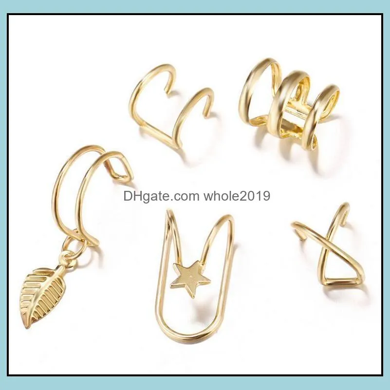 5pcs/lot star leaf clip on screw back earrings c shape silver gold leaves dangle hoop earring fashion women ear cuff