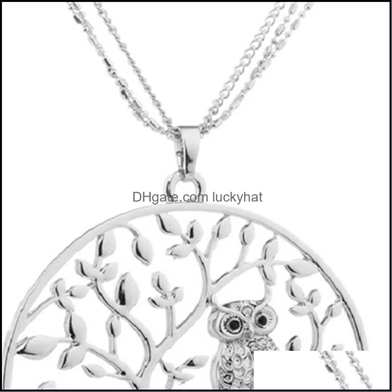 cute life of tree crystal owl pendant necklace for women vintage silver gold plated multilayer chain long necklaces jewelry 3582 q2