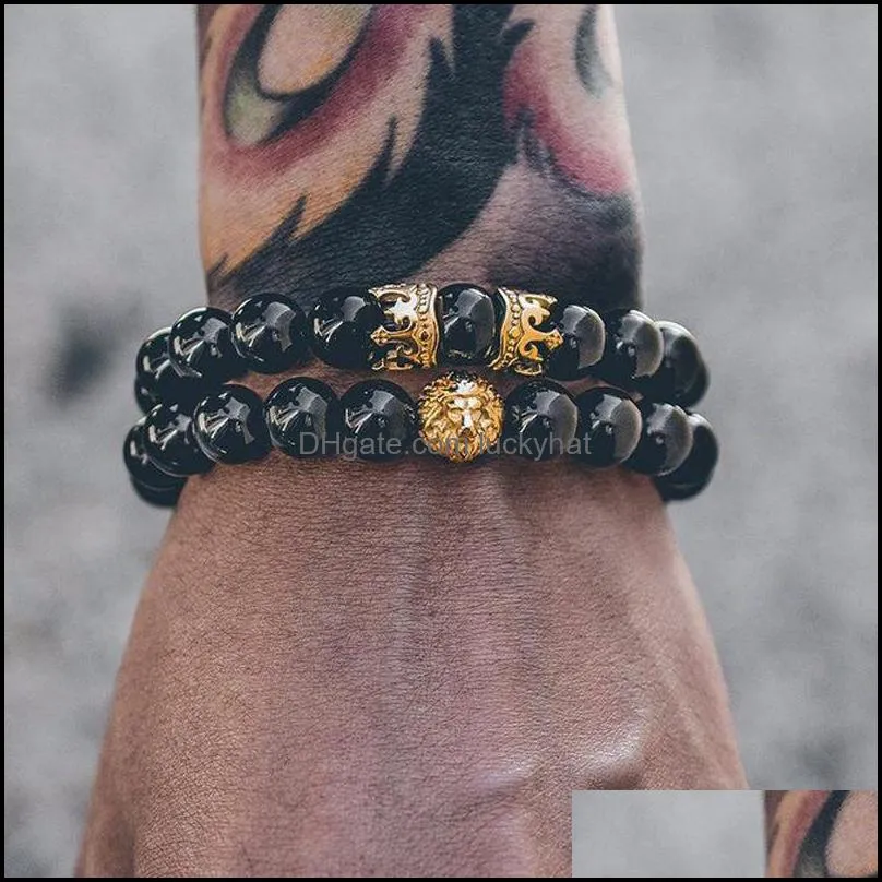 10pc/set natural 8mm loin head bracelet sets black matte mala stone for men women handmade yoga jewelry