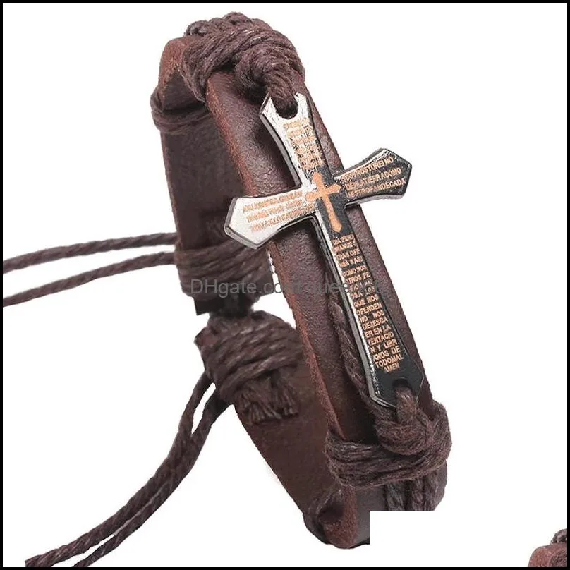 vintage leather bracelets bangles metal cross jesus bracelet adjustable wax cord brown black wholesale