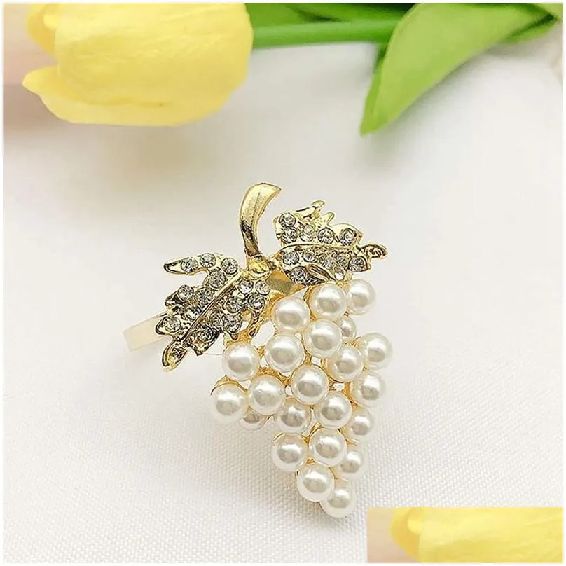 napkin rings grapes set of 6 with glittering imitation diamond and pearls inlay alloy ring holder