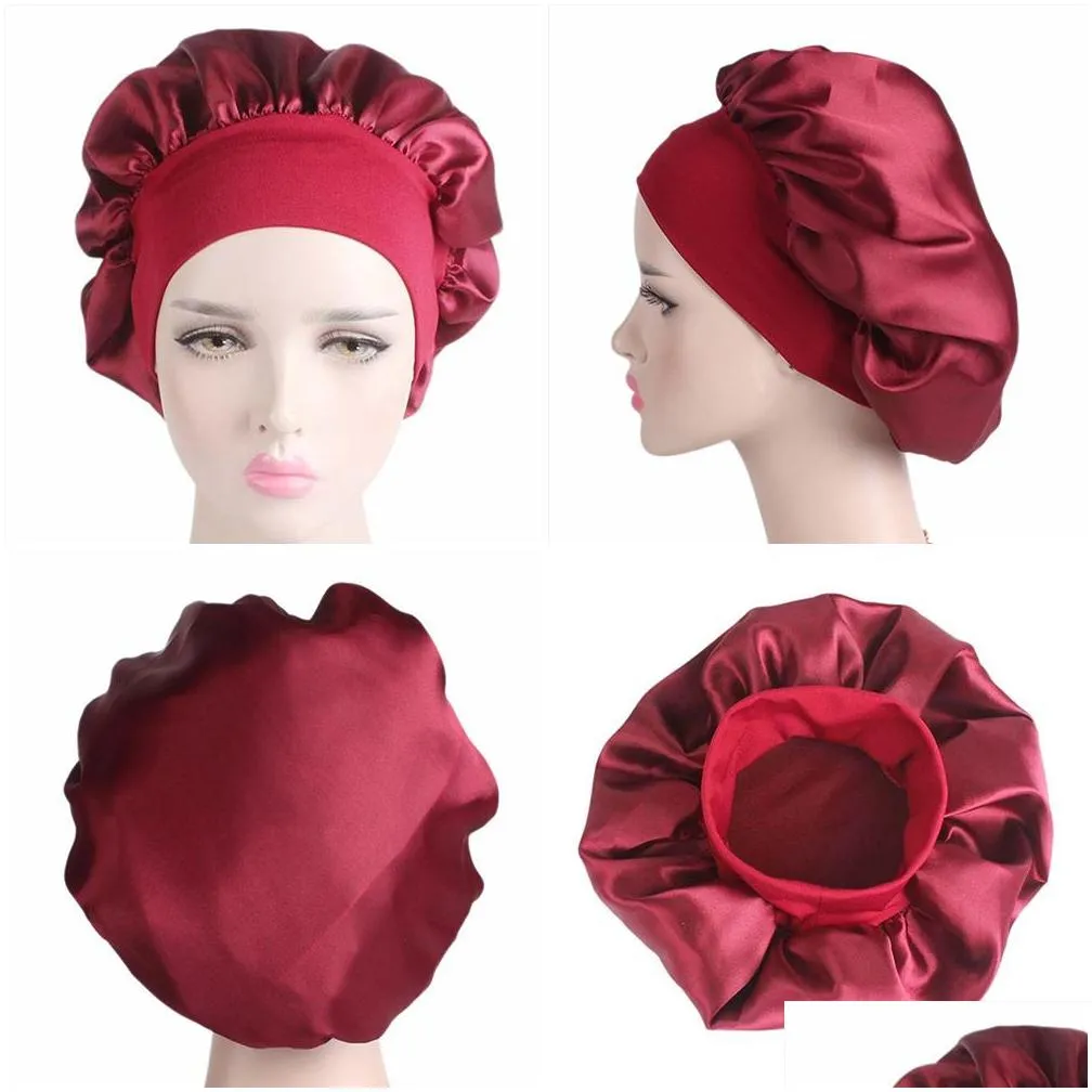 58cm solid color long hair care women satin bonnet cap night sleep hat silk head wrap adjust shower caps