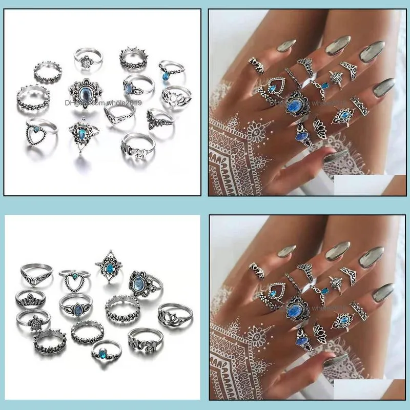 ancient silver knuckle ring sets crown heart elephant turtle stacking midi rings set fashion jewelry 13pcs/set