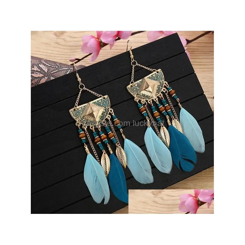 bohemian fashion jewelry vintage feather earrings beads dangle feather tassels earrings