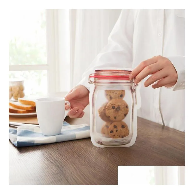 mason jar shaped zipper food storage bag reusable bulk food storage container cookie snacks candy leakproof bags kitchen organization