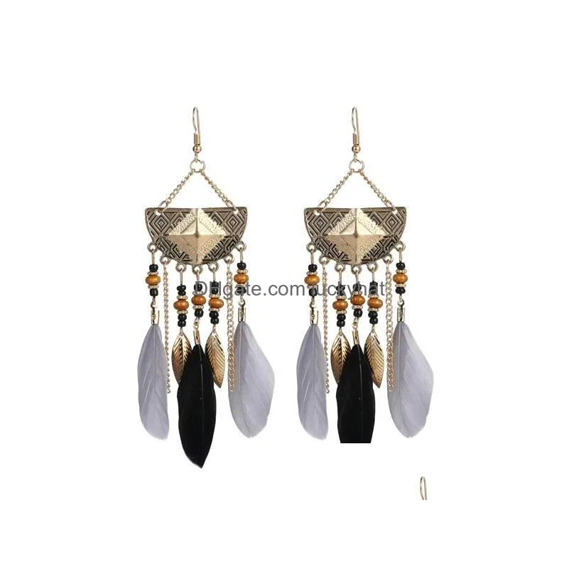 bohemian fashion jewelry vintage feather earrings beads dangle feather tassels earrings