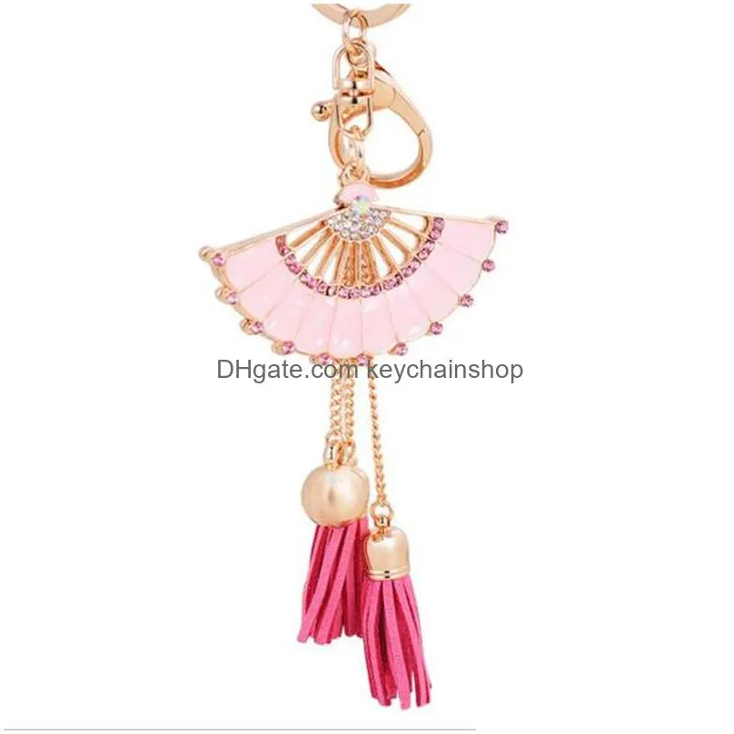 pink blue chinese wind key rings dripping oil crystal fan tassel car keychain rhinestone women keyring wholesale