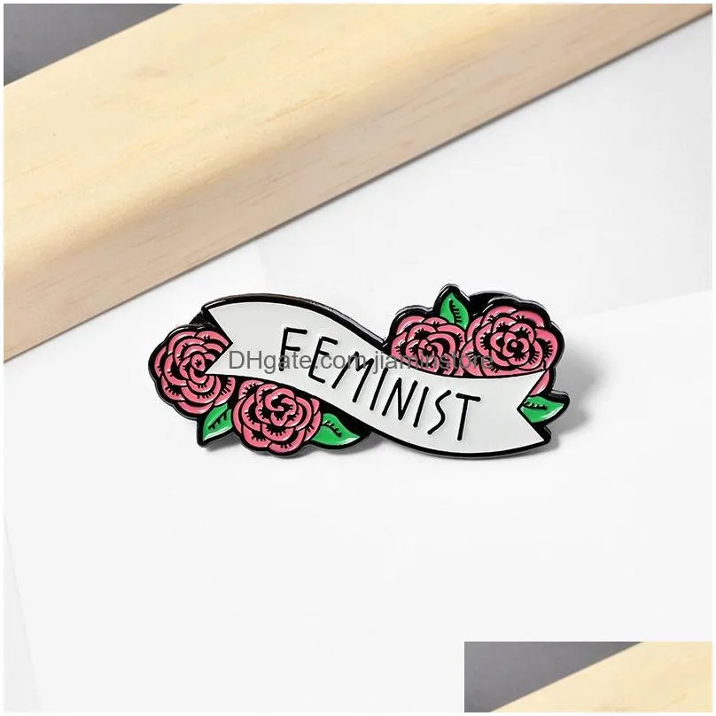 rose flower alloy brooches cartoon creative feminist letter ribbon enamel pins paint brooch for girls denim jacket shirt badge jewelry gift friend bag