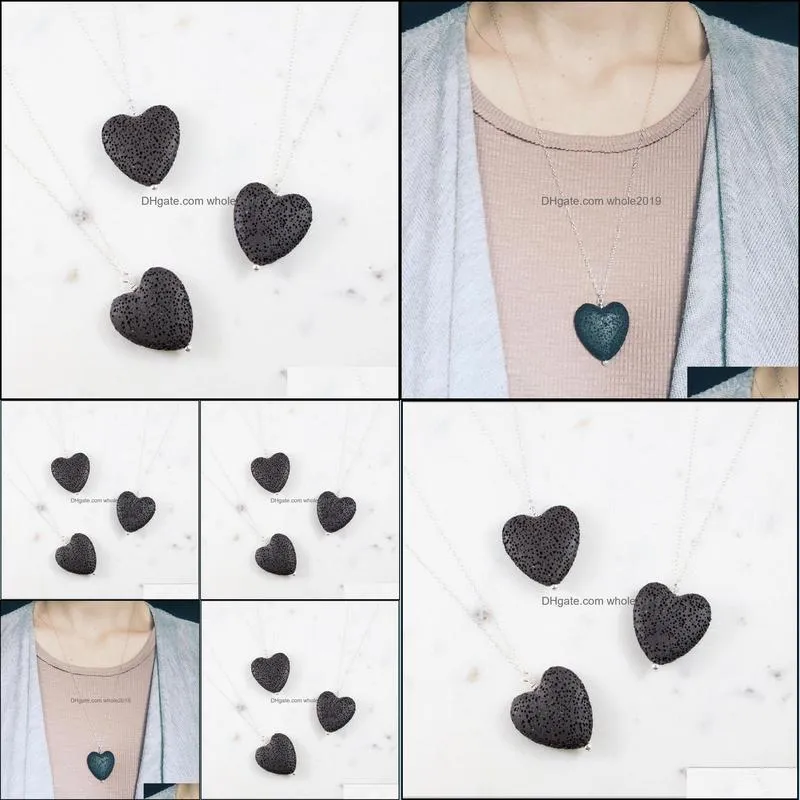 fashion love heart  oil diffuser necklace aromatherapy jewelry black lava stone long chains necklaces