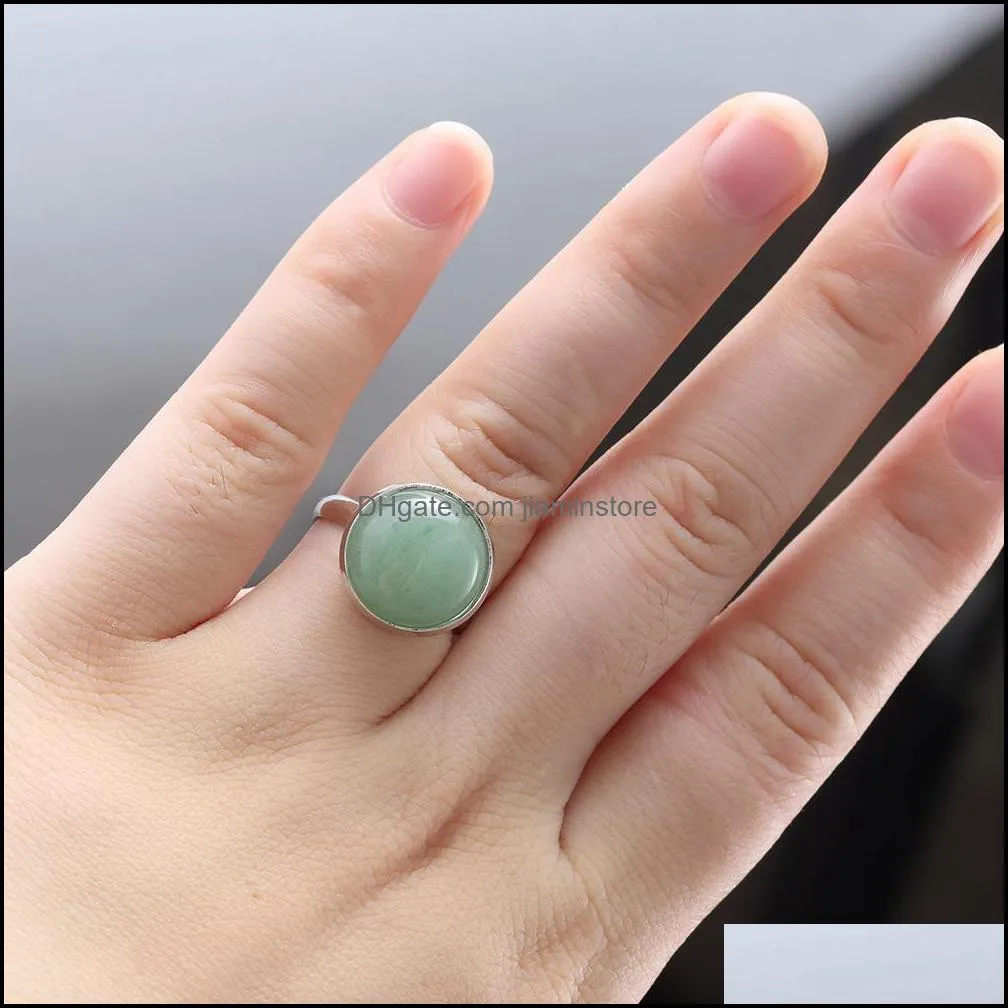 12mm stainless steel round natural stone ring tiger eye opal pink crystal adjustable rings for women pendientes jewelry