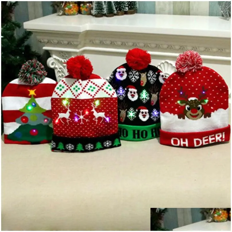 knitted led christmas hat beanie light up illuminate warm hat christmas tree snowman kids adults new year christmas decor f1028