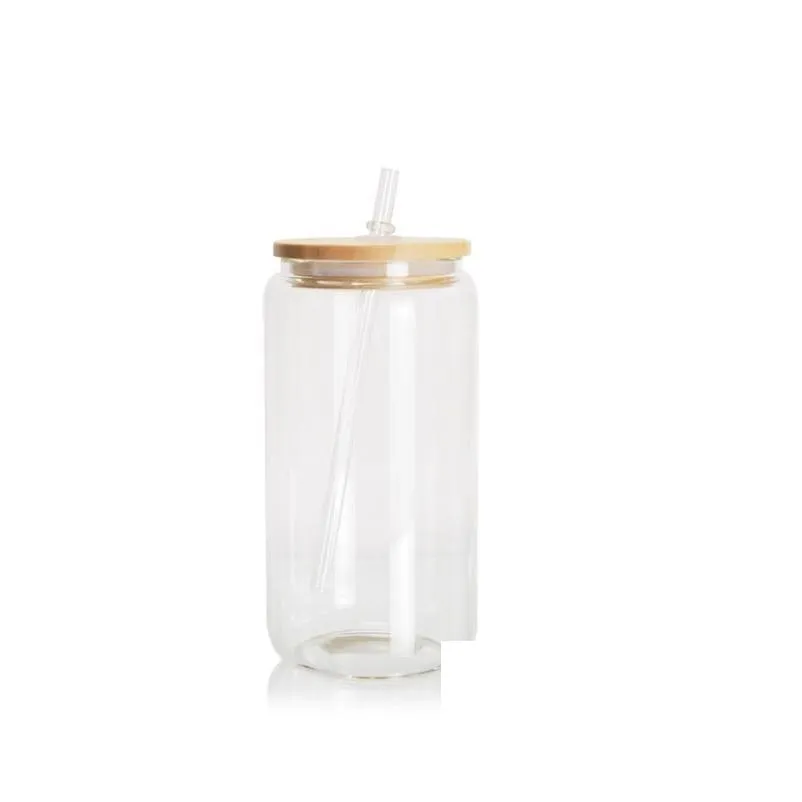 usa stock 16 oz water bottles sublimation mugs with bamboo lid straw glass tumblers diy blanks clear can cups heat transfer iced coffee whiskey drinkware