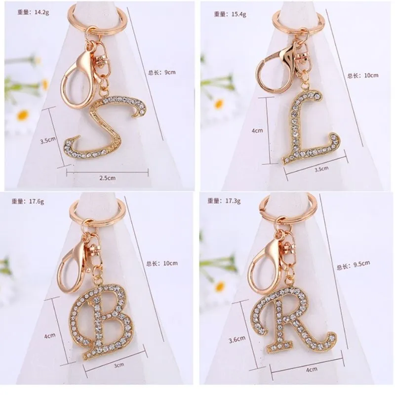 letter pendant keychain crystal rhinestone alphabet key ring gold color 26 english letters az key ring unisex key chain jewelry