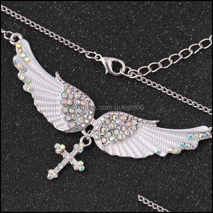 angel wing necklace ladies imitation crystal choker necklace guardian women biker crystal jewelry gifts her girl cross necklace