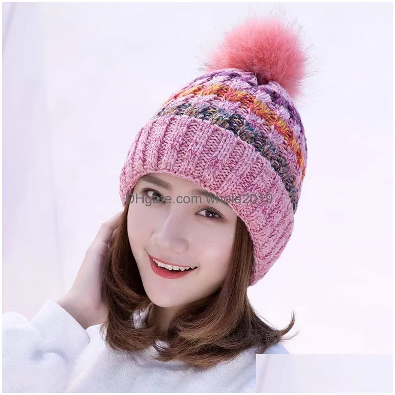 autumn winter womens knit hat wool ball fleece beanies cap lady knitted hat warm cap crochet hats