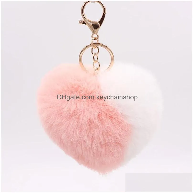 11cm cute fluffy heart keychains womens pom poms faux rex rabbit fur key chains girl bag hang car key ring jewelry accessories