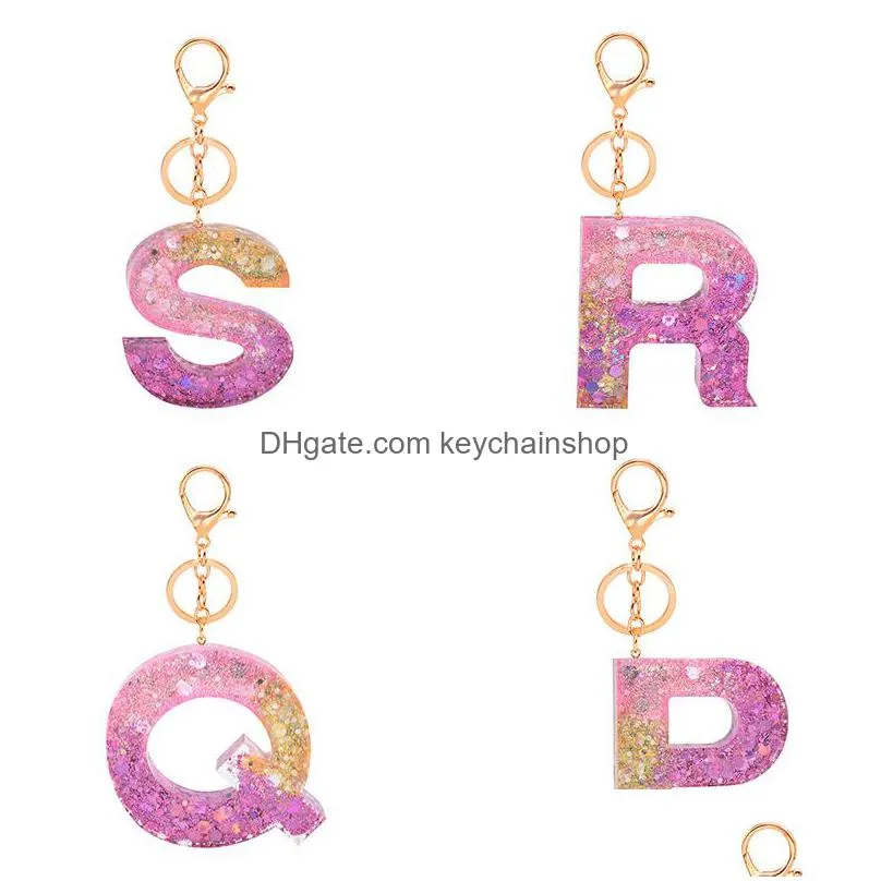 letter pendant keychains resin key chains rings for women cute car pink sequin letters keyring holder charm bag couple gifts