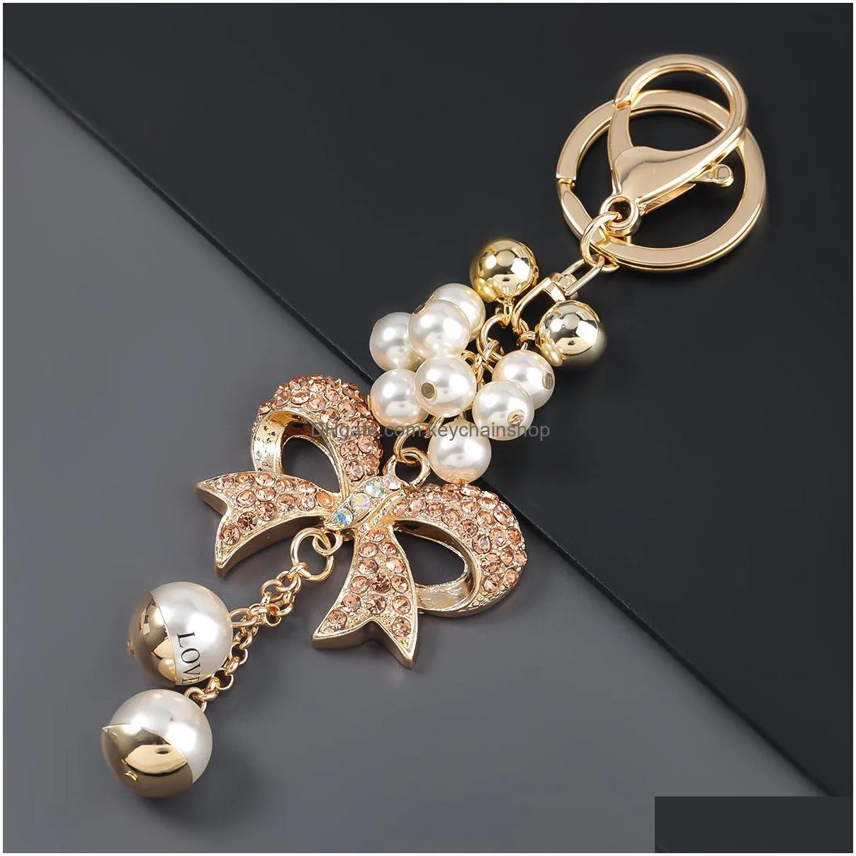 alloy crystal cute bow imitation pearls flower key ring car key chain girl bag pendant with accessories best gift jewelry