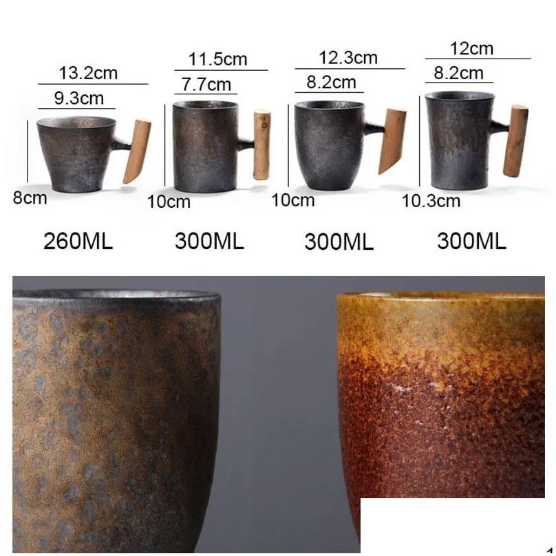 mugs creative japanese ceramic coffee mug tumbler rust glaze with wooden handle tea milk beer water cup home office drinkware 300ml