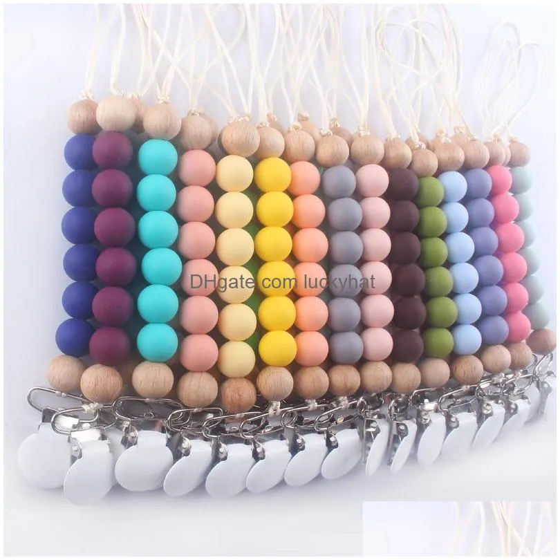 28 colors fashion silicone baby pacifier chain keychain clips holder wood beaded soother clip nipple teether strap toy