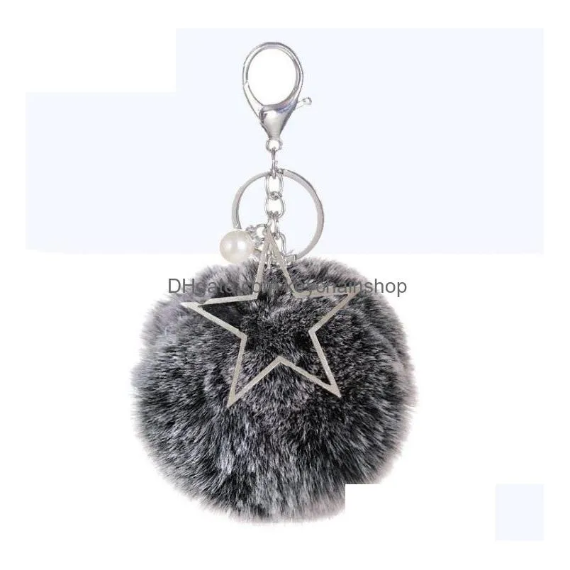 8cm key chain fur ball pom pom keychain pompom pearl star artificial rabbit fur animal keychains for car bag key ring