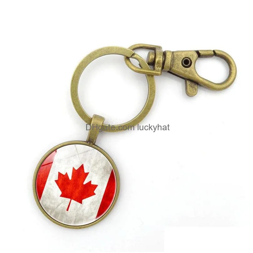 canada national flag key chain vintage time gem cabochon key ring bronze and silver color key holder